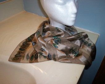 Vintage light brown and beige square silk womens scarf with feather print