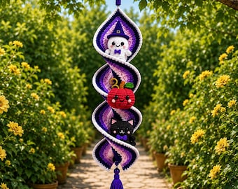 Patrón PDF de adorno espiral de ganchillo para Halloween, decoración colgante de gato con calabaza fantasma, tutorial de amigurumi.