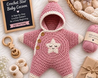 Patrón de saco de dormir de ganchillo con forma de estrella para bebé – Capullo con capucha para recién nacido (PDF)