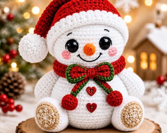 Patrón de ganchillo en PDF de muñeco de nieve navideño, peluche navideño amigurumi, decoración de invierno, tutorial fácil para hacerlo tú mismo.