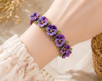 Patrón de pulsera de pensamiento a crochet, tutorial de joyería floral botánica (PDF)