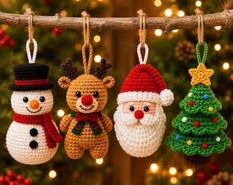 Paquete de patrones PDF para adornos navideños de ganchillo: Papá Noel, muñeco de nieve, reno y árbol de Navidad.
