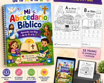 Może przedstawiać: Spiralny zeszyt edukacyjny zatytułowany Mi Abecedario Bíblico z kolorowymi ilustracjami dzieci, Biblii i zwierząt. Zestaw zawiera arkusze ćwiczeń do druku z nauką pisania liter, wyświetlacz tabletu oraz drukarkę.