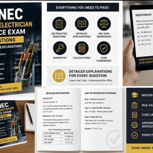 May include: A 2026 NEC Master Electrician Practice Exam study guide featuring 200 questions, detailed explanations, and NEC 2026 references. The book cover is black and yellow with a pencil holder graphic. Includes digital tablet views and interior pages showing electrical code questions and detailed explanations with metric and imperial measurements.