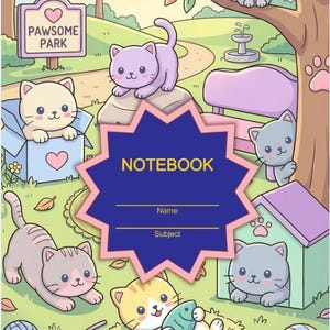 以下が含まれることがあります： NOTEBOOK、Name、Subjectという文字が書かれた濃い青色の星型の中央部を持つノート。表紙のイラストには、複数の漫画風の猫、PAWSOME PARKと書かれた看板、毛糸玉、魚のおもちゃが描かれた公園の風景が描かれています。