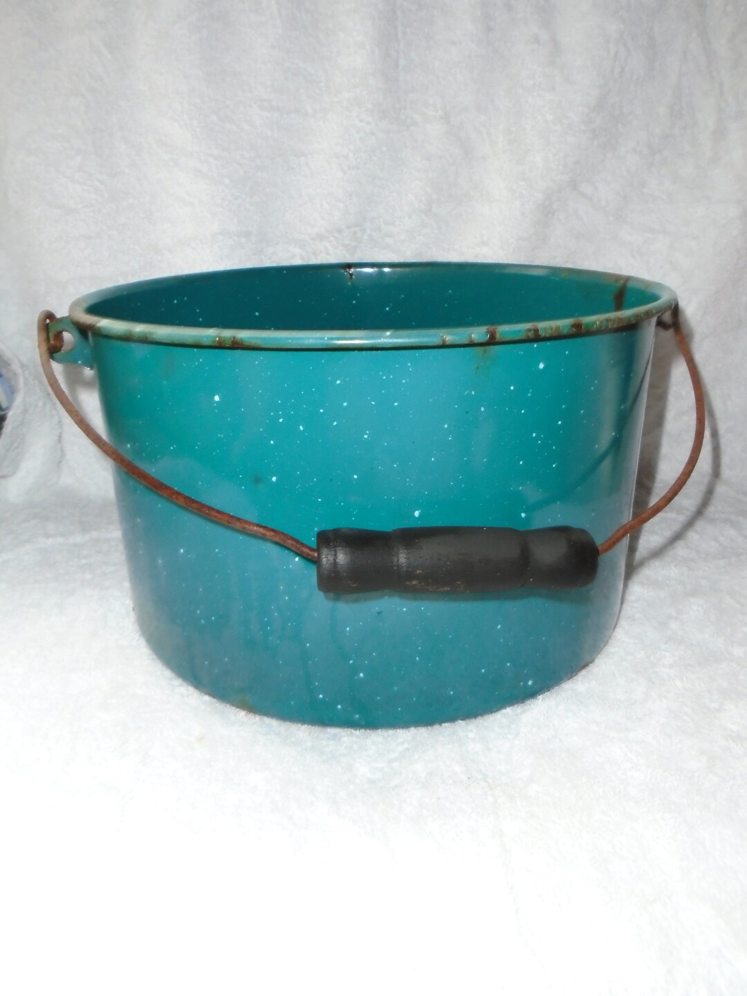 Vintage Bluish Green Enamelware Bucket Handle, Enamelware, Enamel