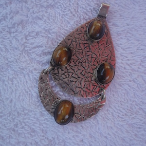 Vintage Sterling Silver Tiger Eye Oval Hammered Pendant, Sterling Pendant, Silver Tiger Eye Pendant, Tiger Eye Pendant, Handmade Pendant