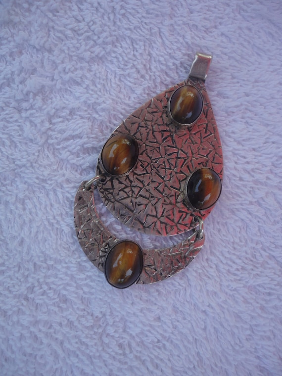 Vintage Sterling Silver Tiger Eye Oval Hammered Pe