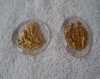 Vintage Pair of Acrylic Round and Oval Clear Gold Religious Christmas Ornaments, Baby Jesus Ornament, 3 Wise Men Ornament, Embossed Gold