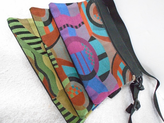 Vintage Great Bags Colorful Geometric Three Compartment Crossbody Purse Made USA, Canvas Crossbody Great Bags, Great Bags, Bright Crossbody