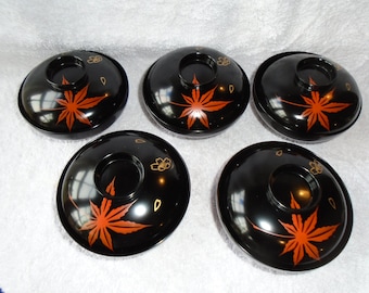 Vintage Black Red Leaf Motif Lacquer Asian Covered Rice Bowls, Covered Rice Bowls, Rice Bowls, Asian Black Lacquer Covered Rice Bowls, Rice