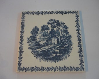 Vintage Blue White Ceramic Richard Ginori Italian Hillside Wall Tile Made in Italy, Richard Ginori, Italian Blue White Ceramic Wall Tile