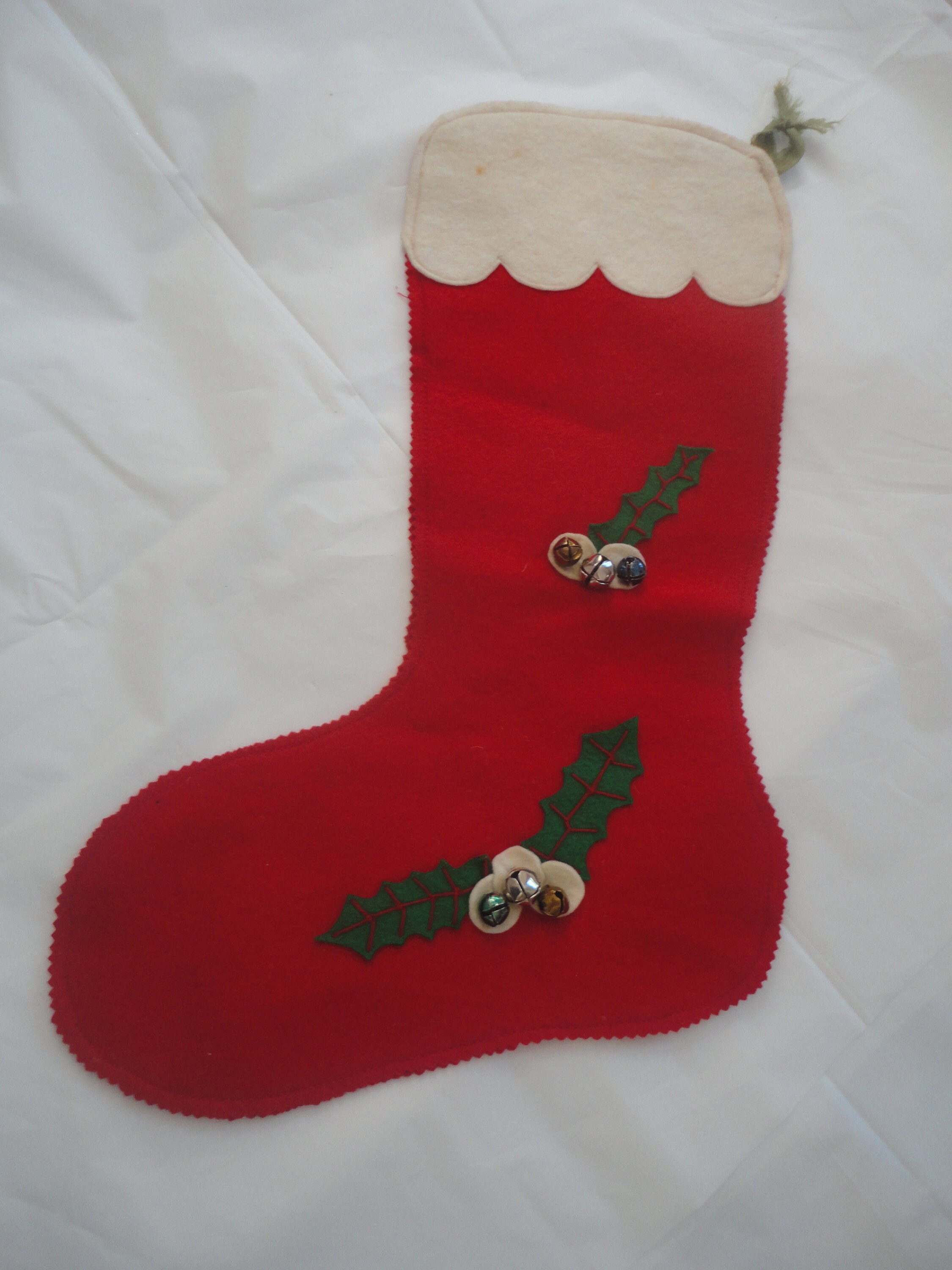 Vintage Red White Felt Christmas Stocking with Holly and Jingle Bells Felt Stocking Christmas Stocking Christmas Stocking Jingle Bells