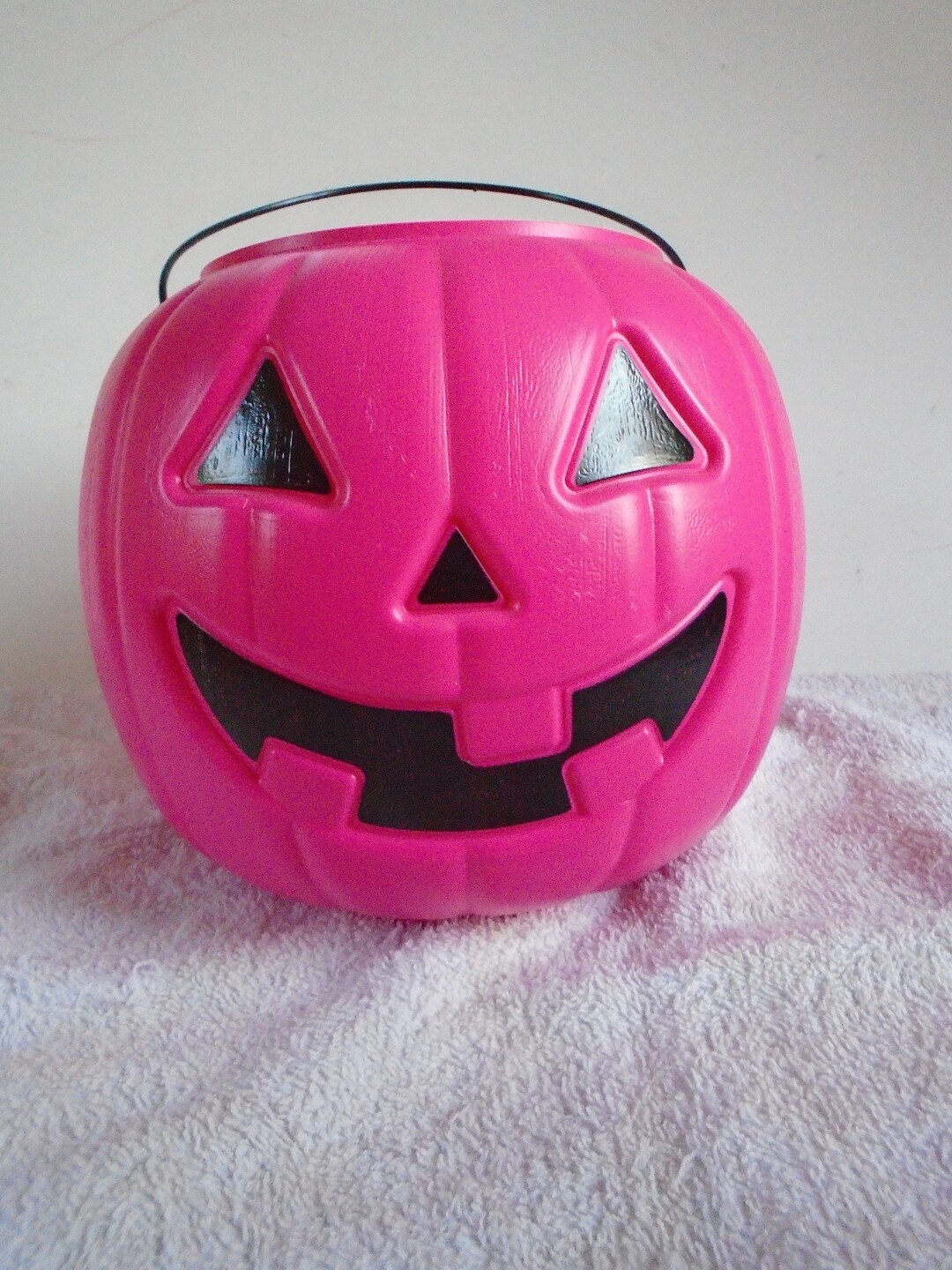 Vintage General Foam Plastic Pink Black Pumpkin Candy Pail Made in USA
