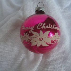 Vintage Large Pink Glass White Mica Merry Christmas Shiny Brite Ornament Made in USA, Shiny Brite, Mica Poinsettia Ornament, Ornament, Pink