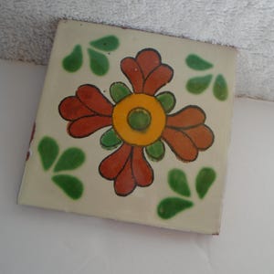 Vintage Brown Yellow Green Floral Red Clay Tile, Clay Floral Trivet, Country Kitchen, Tile Coaster, Floral Tile, Floral Trivet, Glazed Tile