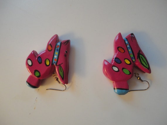 Vintage Hand Painted Hot Pink Wood Bunny Earrings… - image 5