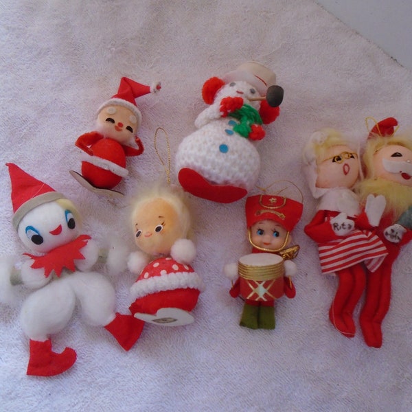 Vintage Lot of Mr and Mrs Santa Claus, Felt Gold Cord Drummer, Pixie Elves Mr and Mrs Santa Claus Made in Japan, Christmas Figures, Chenille