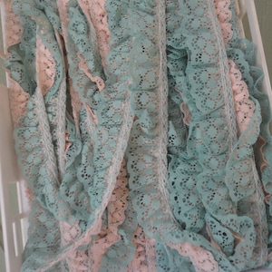 Vintage Yardage Blue White Double Layer Ruffled Polyester Lace Trim, Double Layer Ruffled Lace Trim, Ruffled Lace Trim, Blue White Lace Trim