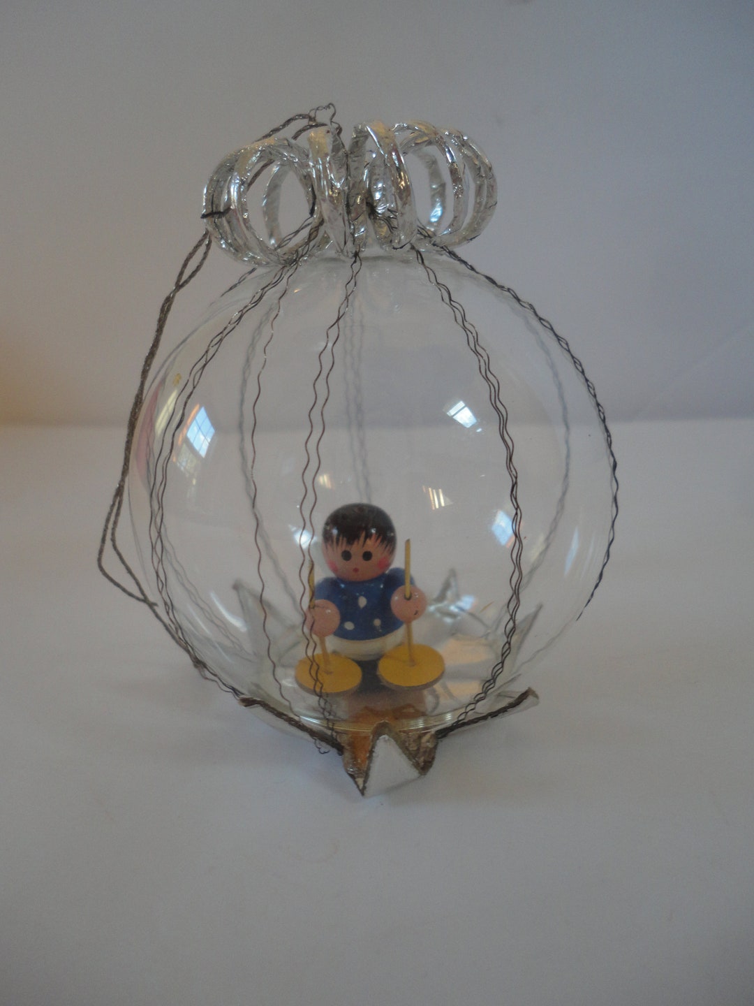Vintage Glass Dome Wood Angel Skier Christmas Ornament Made in Etsy