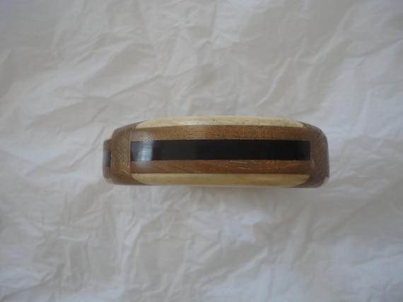 Vintage Handmade Inlaid Brown Tone Wood Bangle Br… - image 4