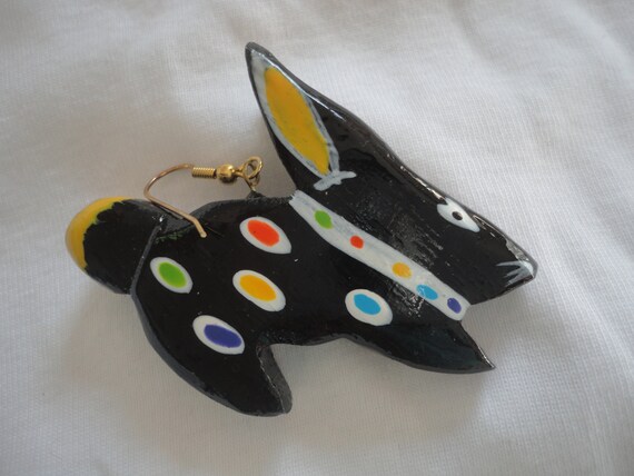 Vintage Hand Painted Large Black Wood Bunny Earri… - image 7