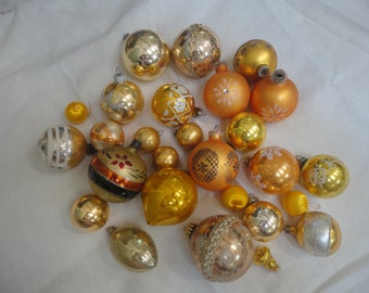 Vintage Gold Glass Christmas Ornaments, Ornaments, Lot of Gold Christmas Ornaments, Gold Ornaments, Holiday Decorations, USA,Poland Ornament