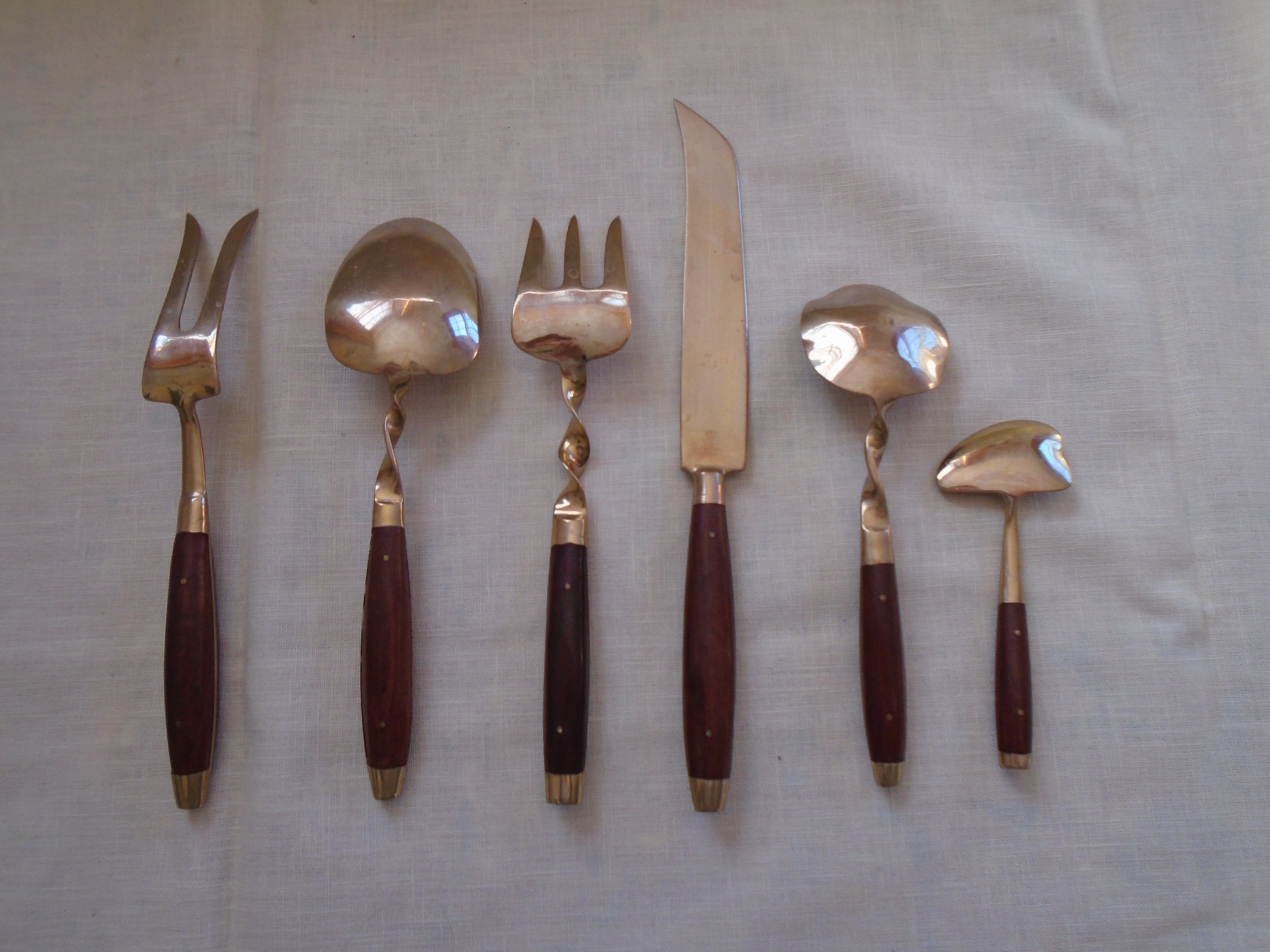 Vintage James Jewelry Wood Brass Utensils Made in Thailand, MCM