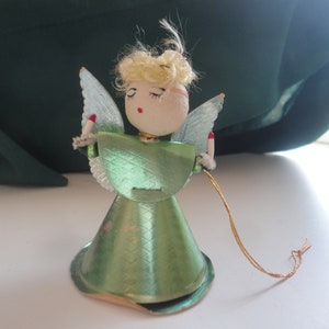 Vintage Chenille Spun Cotton Green Foil Christmas Angel Ornament Made in Japan, Green Foil Angel Ornament, Angel Ornament, Angel,Green Angel