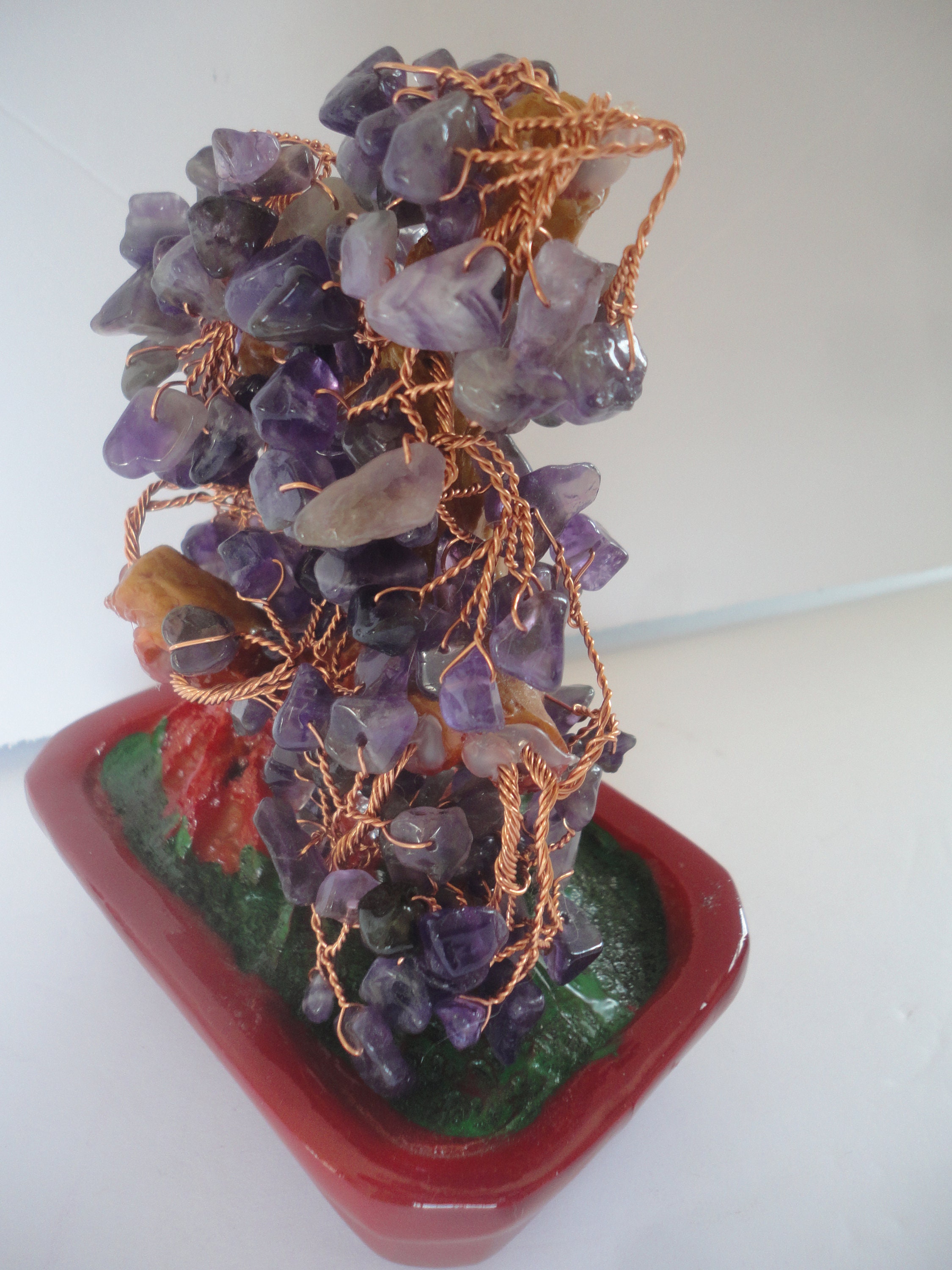 Vintage Bonsai Tree Amethyst Gemstone Leaves and Copper Wire Branches