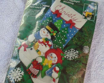 Vintage Unused Bucilla Mr and Mrs Snowman Felt Applique Christmas Stocking Made USA, Bucilla, Bucilla Christmas Stocking, Snowman Stocking
