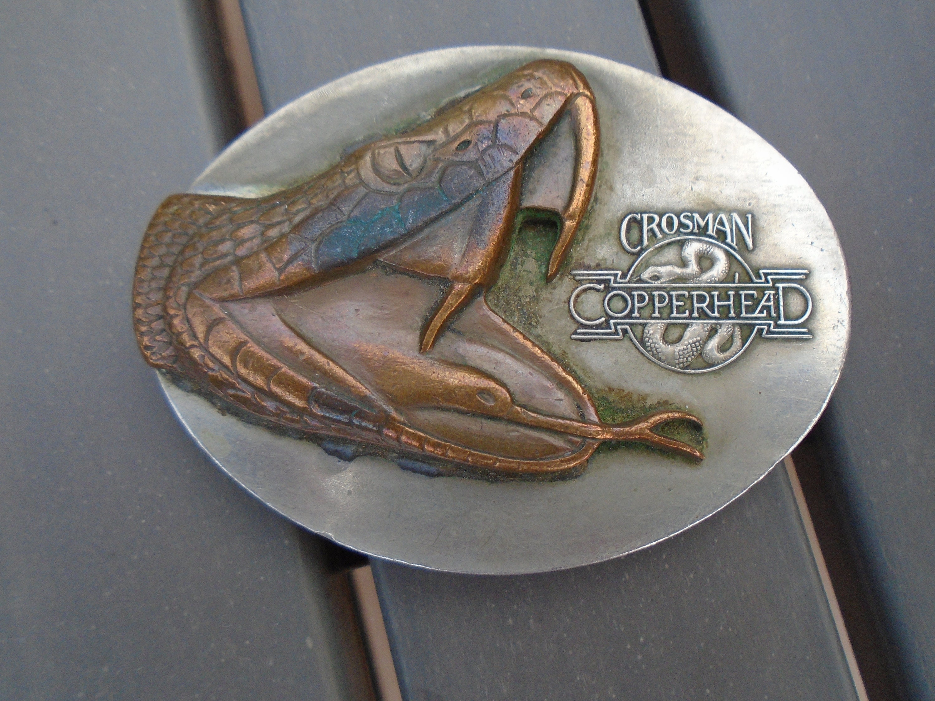 Vintage Oval German Silver Brass Crossman Copperhead Belt Buckle