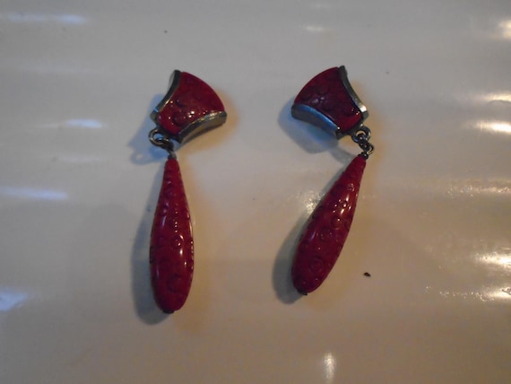 Vintage Babylone Cinnabar Sterling Dangle Clip On Earrings Made Paris, Babylone Clip on Cinnabar Earrings, Babylone Paris, Clip On Earrings
