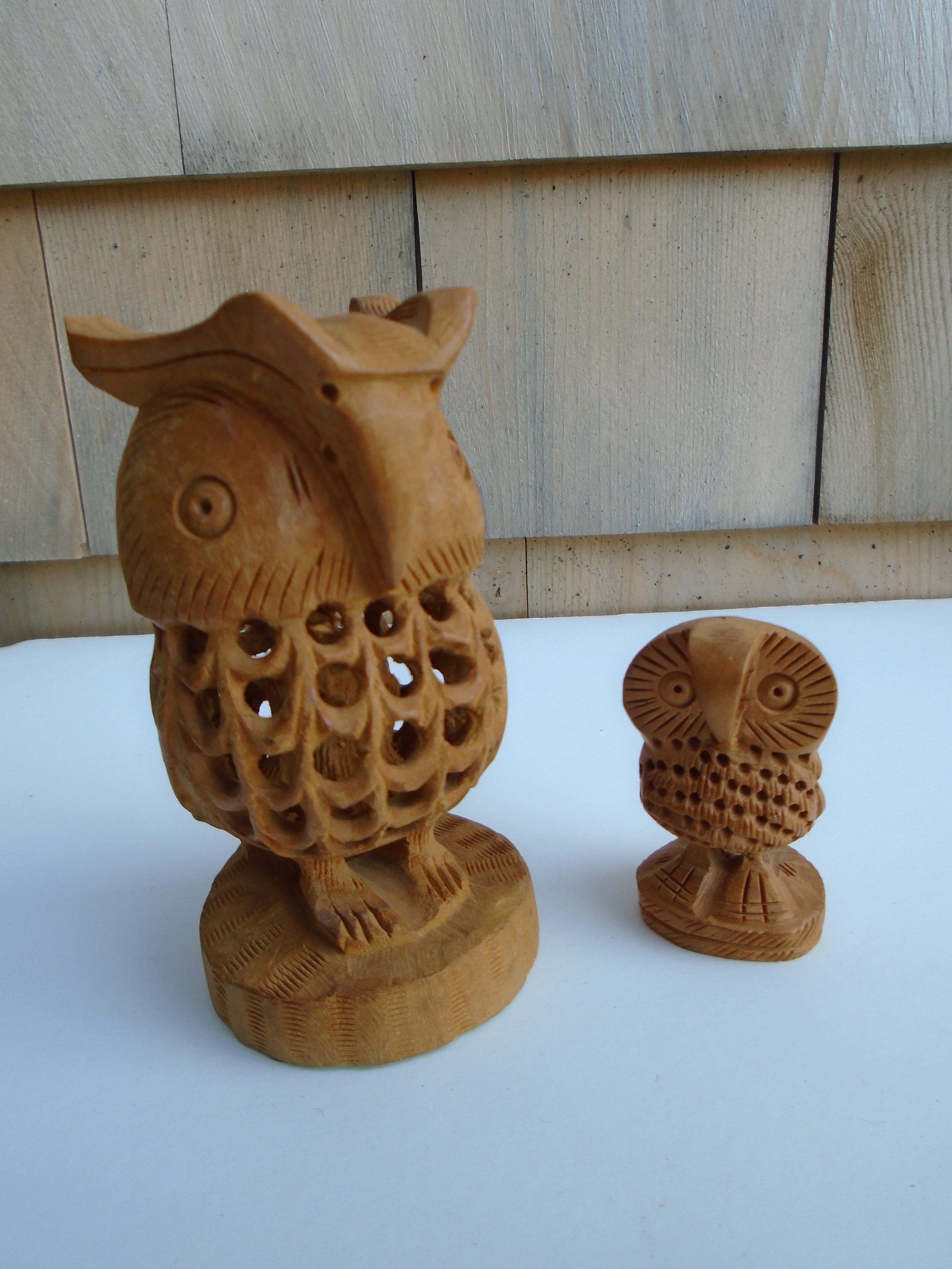 Vintage Wood Carved Mother Owl with Baby and Miniature Wood Carved Owl, Bookshelf Owls, Owls, Wood C