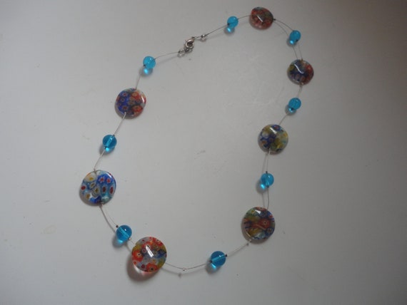 Vintage Glass Flat Bead Lampwork Choker Necklace, Lampwork Beads, Murano Beads, Cabochan Beads, Glass Floral Bead Necklace, Glass Beads