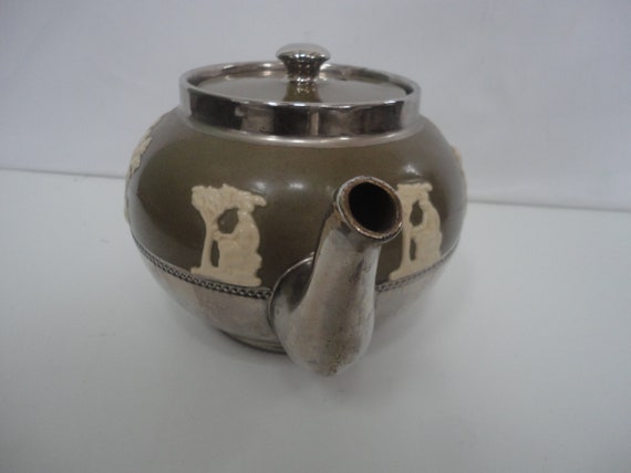 Vintage Gibsons Staffordshire Jasperware Green Silver Teapot Made 