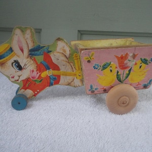 Vintage Fisher Price Wood Easter Bunny and Flower Cart Made in USA, Easter Bunny, Bunny Flower Cart, Easter Decor, Fisher Price, Old Bunny