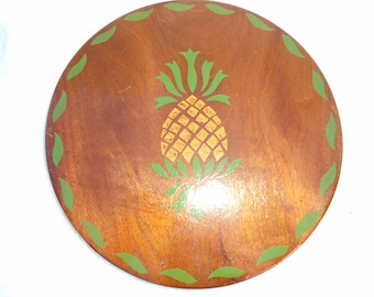 Vintage Handmade Round Dark Wood Stencil Painted Pineapple Trivet, Wood Pineapple Hot Plate, Thanksgiving Pineapple Trivet, Wood Pineapple