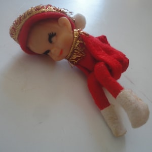 Vintage Small Cute Red Felt Christmas Pixie Elf Made in Japan, Pixie Elf, Miniature Pixie Elf, Red Gold Cord Pixie Elf, Holiday Elf