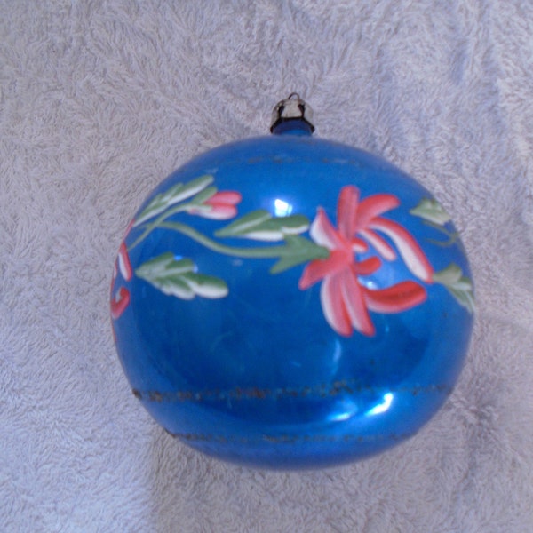 Vintage Large Royal Blue Pink Mercury Glass Round Floral Sprig Christmas Ornament Poland, Blue Christams Ornament, Ornament, Christmas Tree