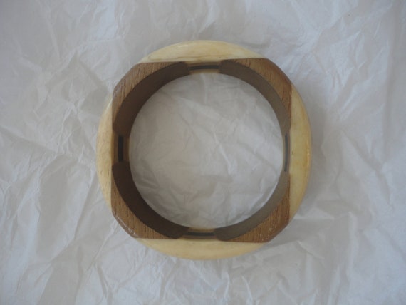 Vintage Handmade Inlaid Brown Tone Wood Bangle Br… - image 8