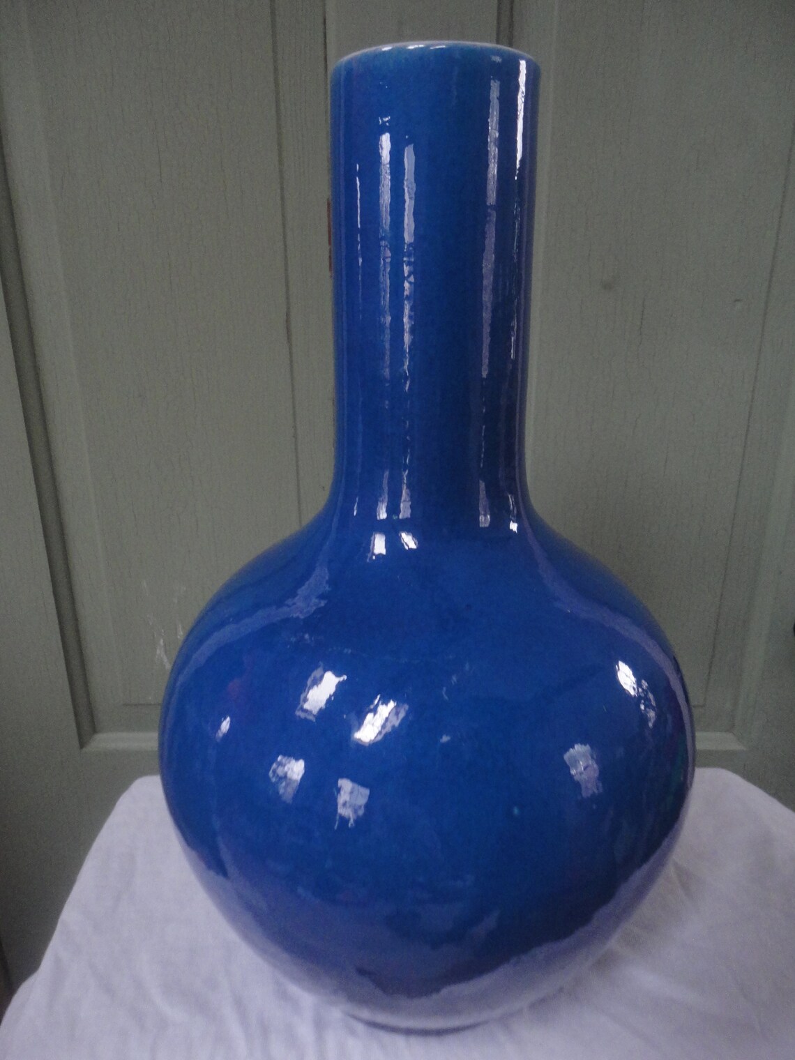 Vintage Large Oriental Ceramic Bottle Neck Sapphire Blue Vase Etsy