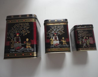 Vintage Asian Inspired Stackable Metal Tins, Tins, Oriental Tins, Covered Metal Tins, Stackable Tins, Matching Tins, 3 Stackable Tins, Asian