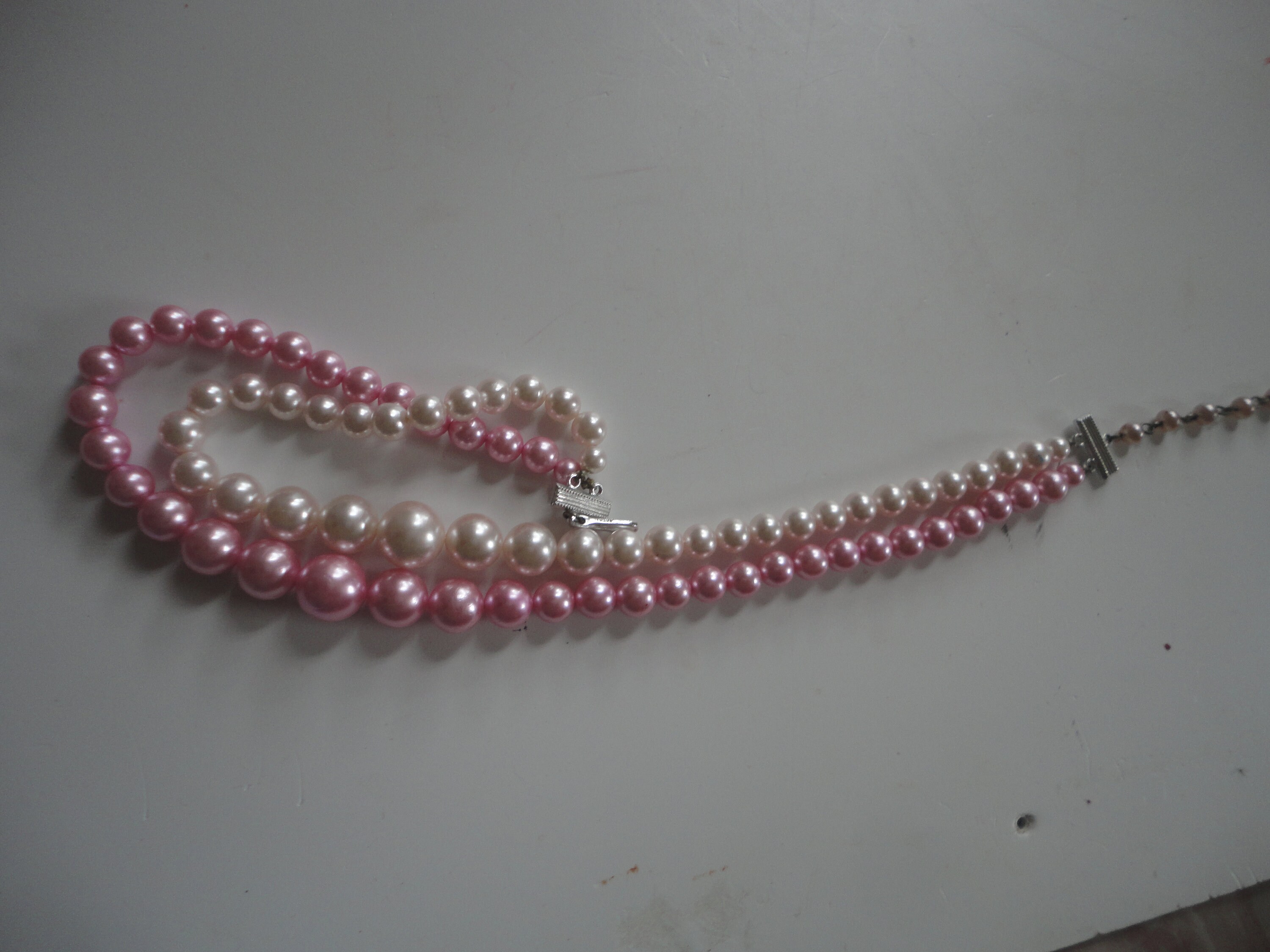 Faux Pearl and Pink Crystal Two Strand Necklace - Vintage Renude