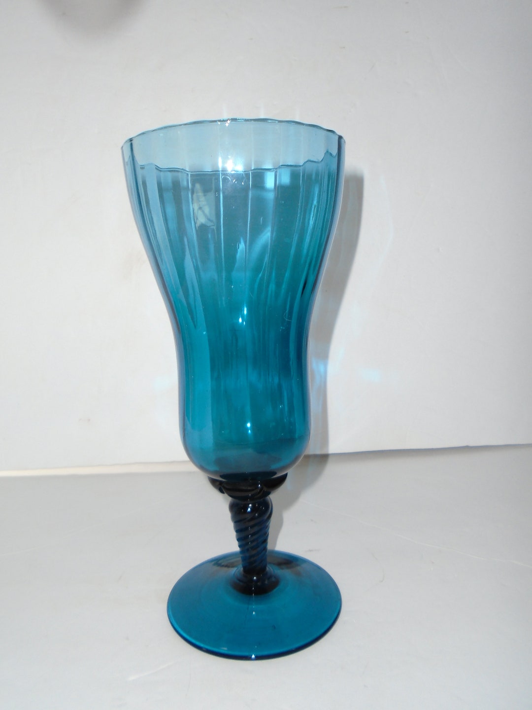 Vintage Aqua Ribbed Glass Spring Vase, Aqua Glass Vase, Footed Glass