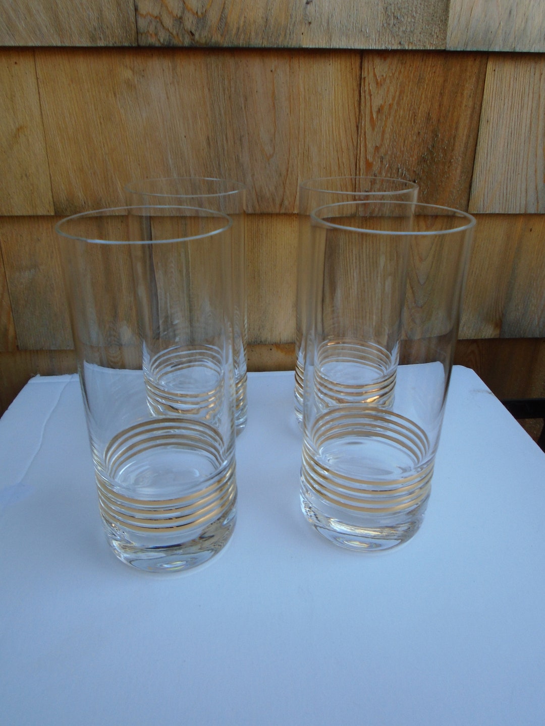 Vintage Block Clear Glass Gold Strip Tall Slender Glassware Made in