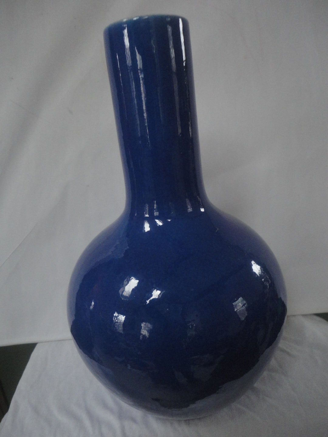 Vintage Large Oriental Ceramic Bottle Neck Sapphire Blue Vase
