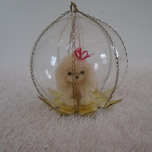 Vintage Resl Lenz Clear Glass Gold White Poodle Christmas Ornament Made in Western Germany, Poodle Ornament, White Poodle, Poodle Red Bow