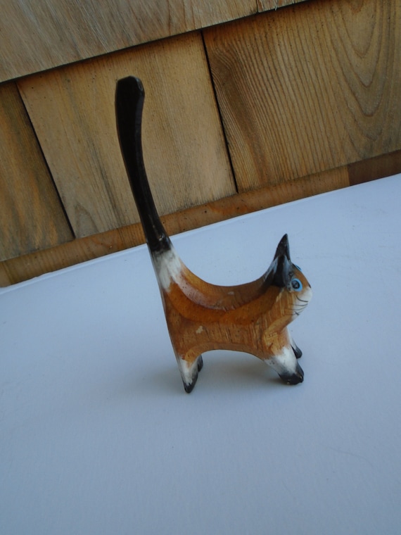 Vintage Small Wood Carved Hand Painted Long Tail C