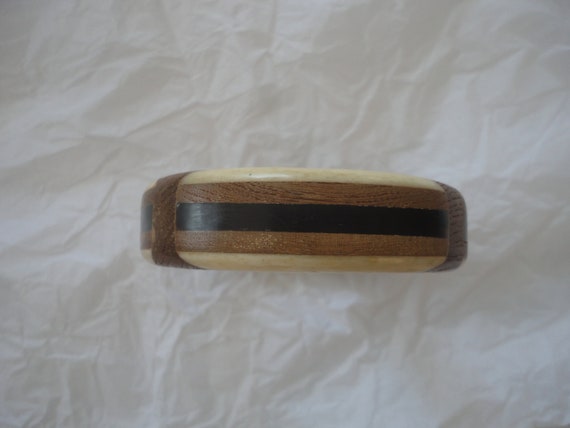 Vintage Handmade Inlaid Brown Tone Wood Bangle Br… - image 5